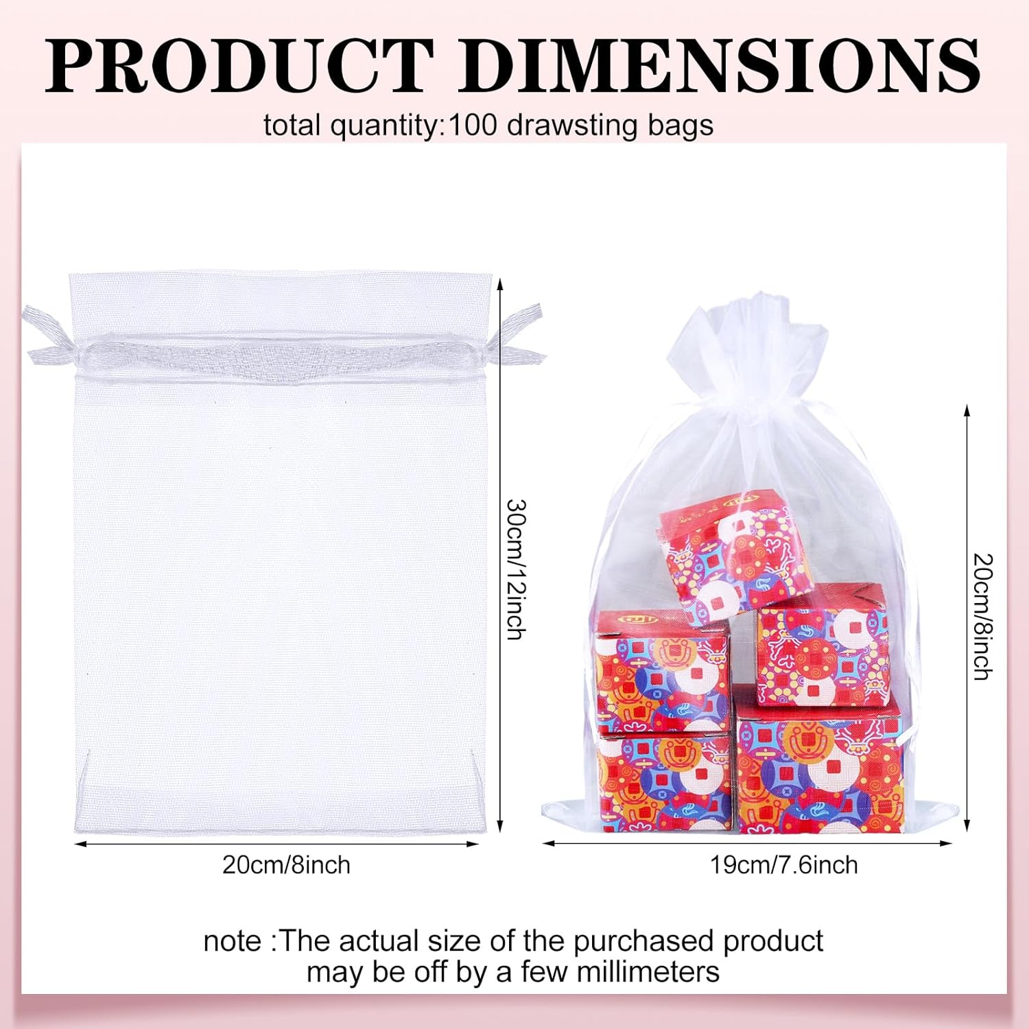 Windyun 100 Pcs White Large Organza Bags Bulk 12 x 8 Inch Sheer Mesh Drawstring Gift Packaging Pouch Bags for Christmas Wedding Game Party Favor Supplies - Image 3