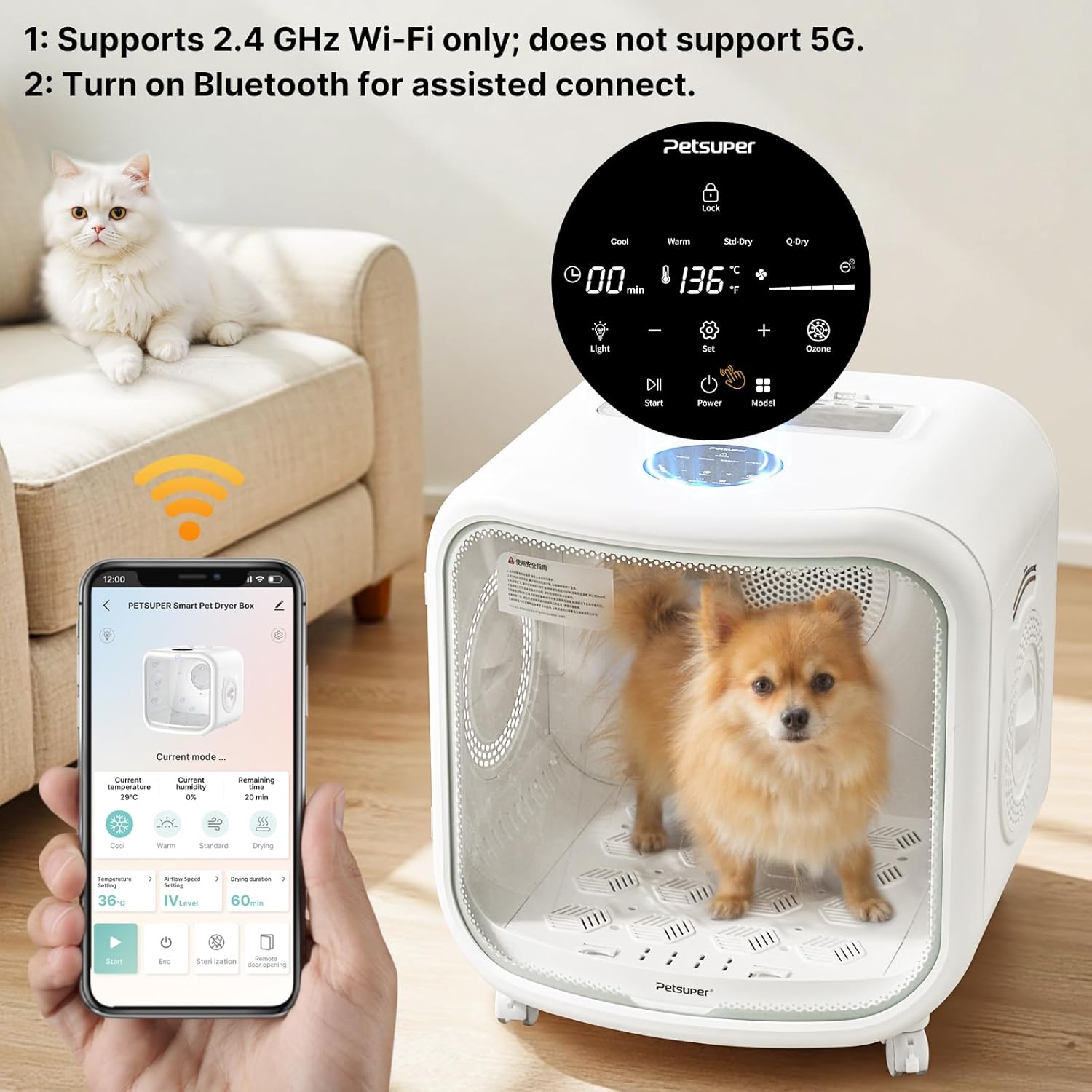 Petsuper Automatic Pet Dryer Box control panel and app interface