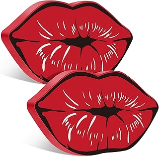 2 Pcs Wooden Lips Decor, Kisses Sign Wooden Block Valentine Tabletop Wood Sign Farmhouse Tiered Tray Decor for Wedding Anniversary Engagement Home Table Decoration, 6.3 x 3.5 x 0.47 Inch(Red)