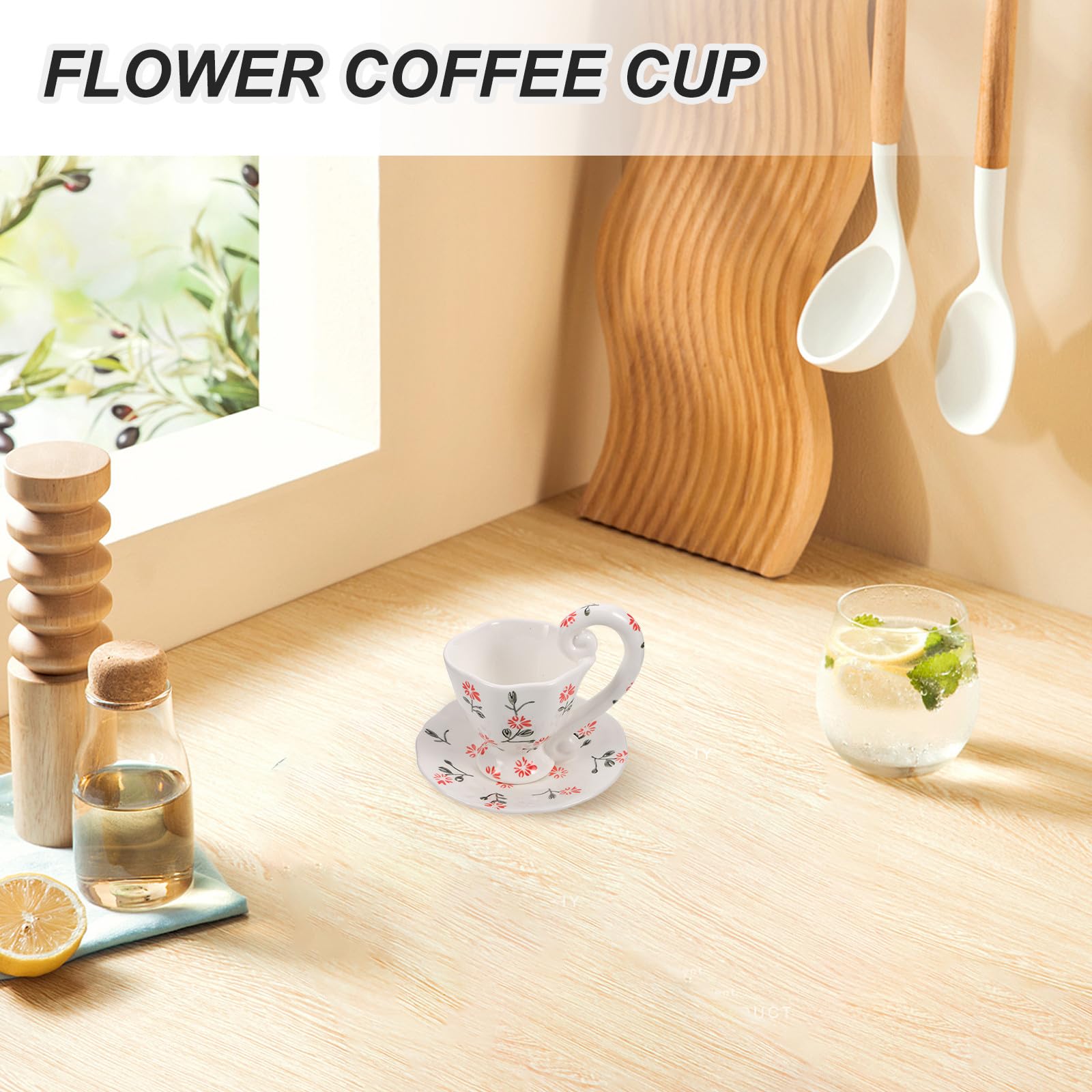 Ensemble de 1 tasse et soucoupe en céramique - Mug à café floral de 200 ml avec anse pour expresso - Tasses et assiettes en porcelaine artisanale pour une fête d'anniversaire