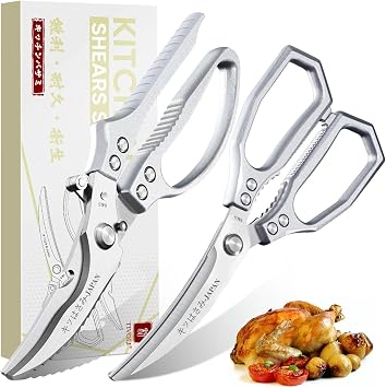TIVOLI Silver Japanese Kitchen Shears Set for Chicken Bones, Meat & Turkey | Japanese SK5 High-carbon Stainless Steel, Ergonomic Non-Slip Handle, Gift Box, for Chicken Bones, Korean BBQ and Turkey