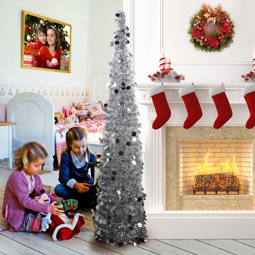 AerWo 5ft Pop Up Christmas Tinsel Tree with Stand, Gorgeous Collapsible Artificial Christmas Tree for Christmas Decorations, Silver