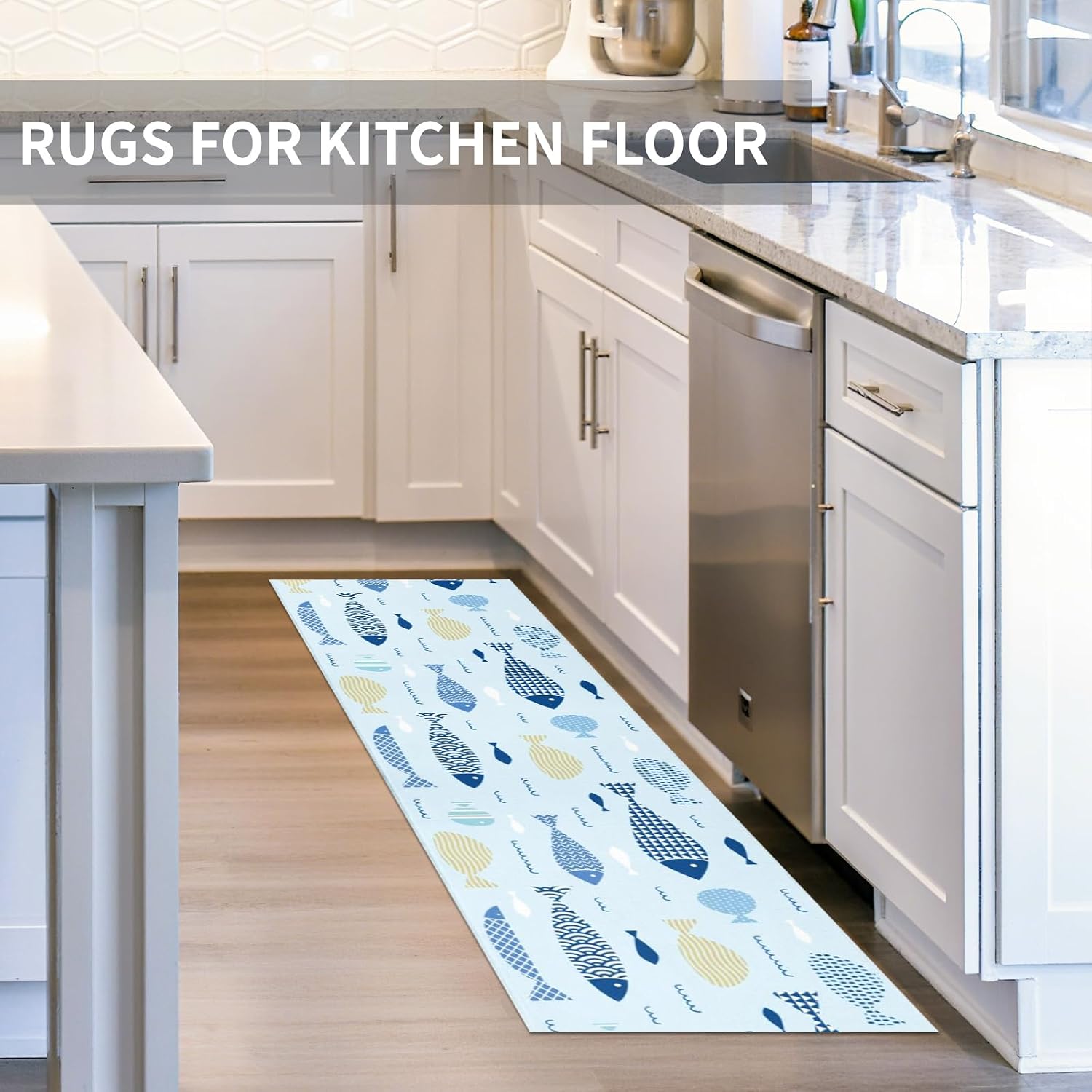 Coastal Kitchen Rugs Set of 3 Farmhouse Fish Non Slip Floor Mats | Coastal Beach Kitchen Mats Non-Skid Machine Washable for Kitchen Floor Sink Rugs Decor Accessories 17"x30"+17"x47"+17"x59"