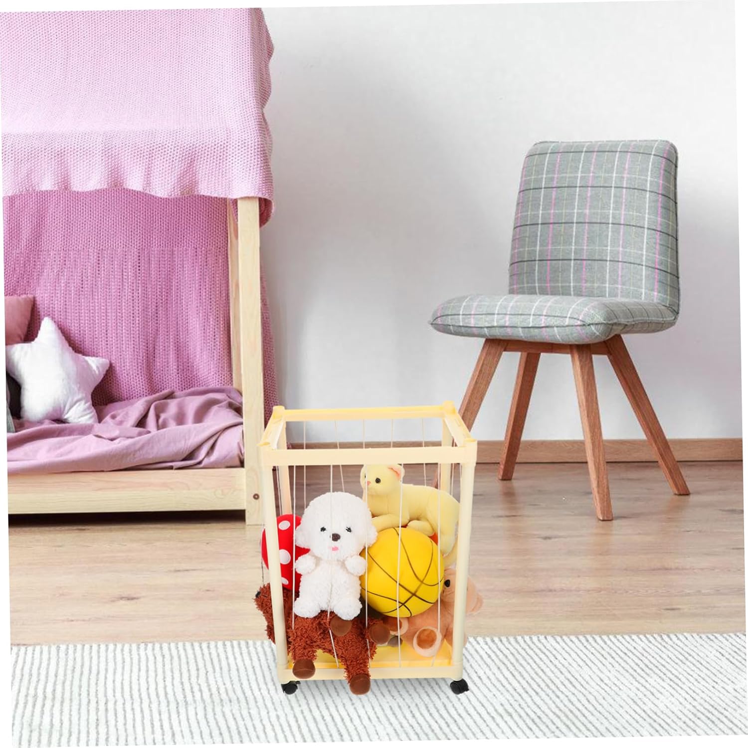 Stuffed Animal Storage Basket for Kids with Elastic Rope Plush Toy Organizer for Bedroom and Playroom Large Capacity Toy Storage Box for Toddlers and Girls