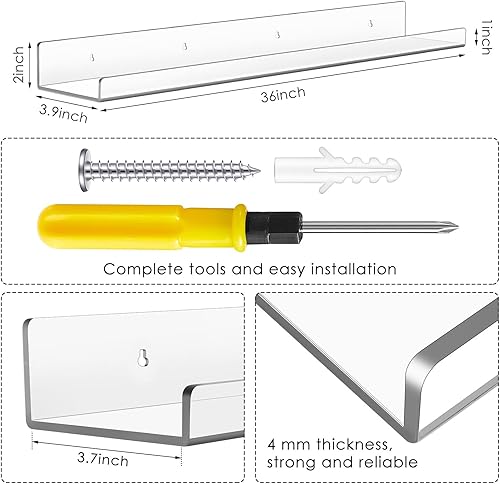 Miniatura 3 de Thyle 6 estantes flotantes acrílicos de 36 pulgadas para montar en la pared, estantes transparentes de acrílico, estante de almacenamiento invisible