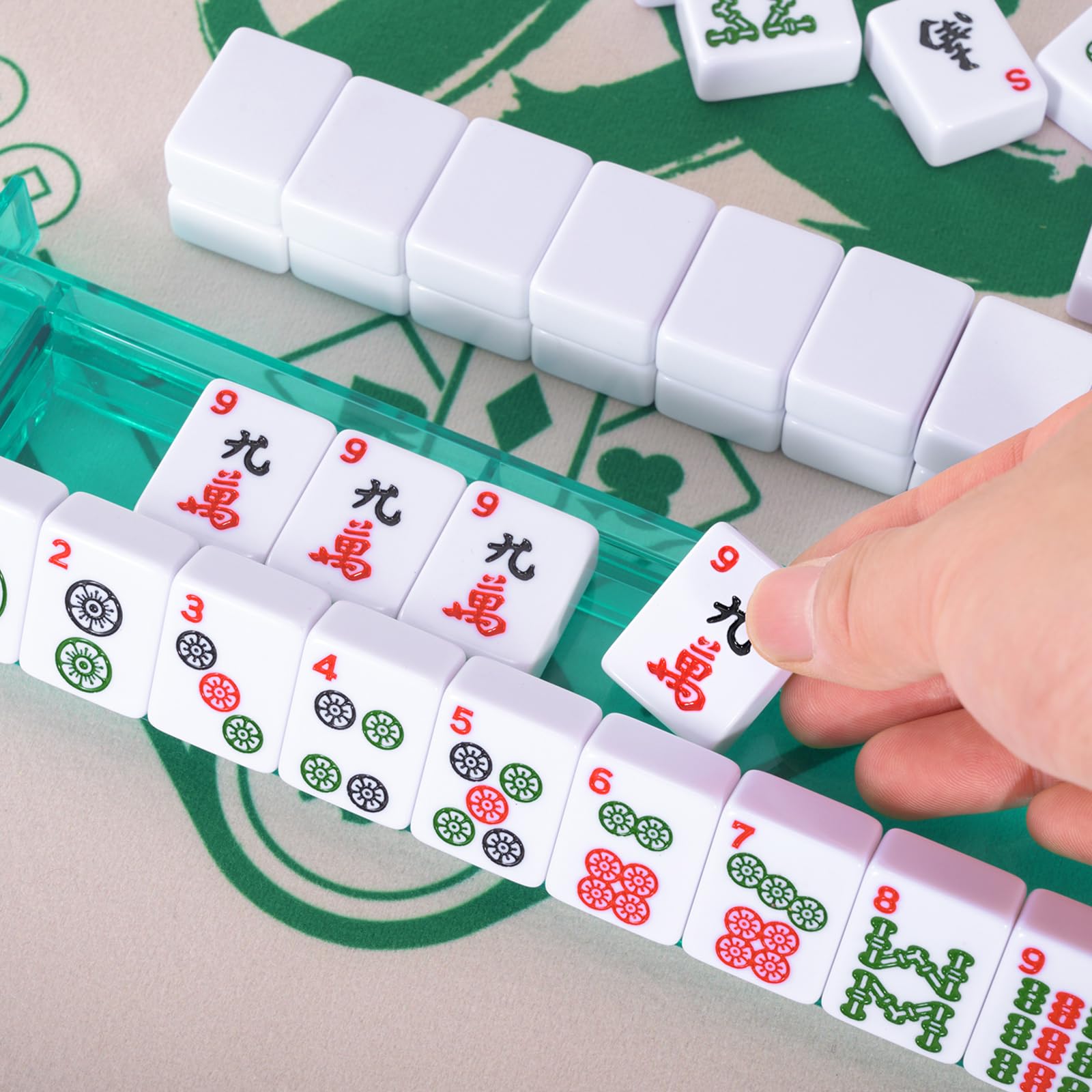 Mahjong Tile Set,166 White Tiles Mahjong Set, 4 All-in-One Rack/Pushers /3 dice, /100 Money Chips /1 Mahjong Instructions, American Mahjong Set with Black Carrying Bag