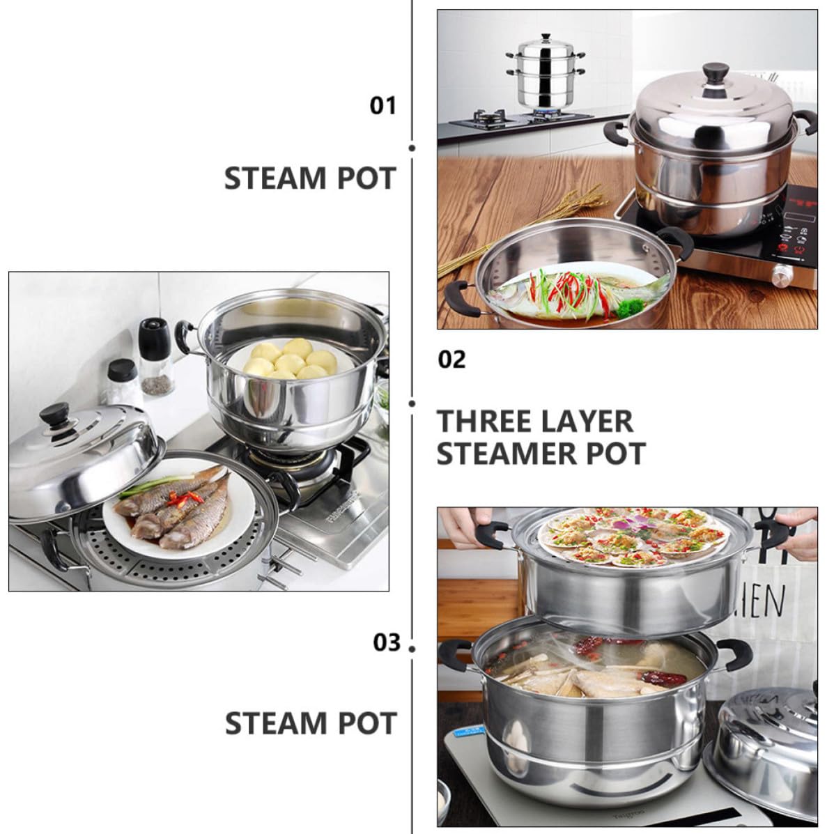 jojofuny Vaporera de Acero Inoxidable Utensilios de Cocina para Cocinar al Vapor Hogar de 3 Capas Resistente a Altas Temperaturas Color Aleatorio para Cocina a Gas