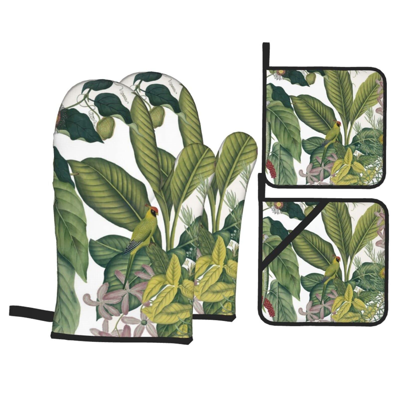 Tropical Flower Leaf Parrot Print Kitchen Baking Four Piece Set of Heat Resistant Thick Cotton Oven Mitts for Cooking, Baking and Grilling