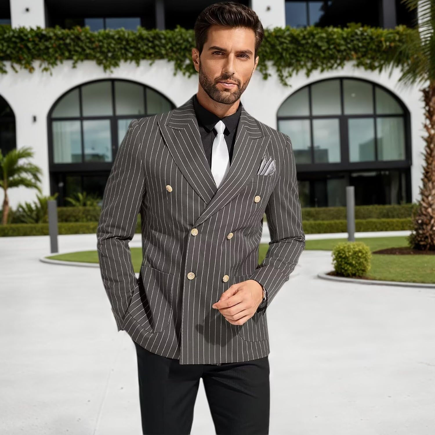 Mens Suits Pinstriped Suit for Men Slim Fit 2 Piece Striped Business Formal Wedding Tuxedos