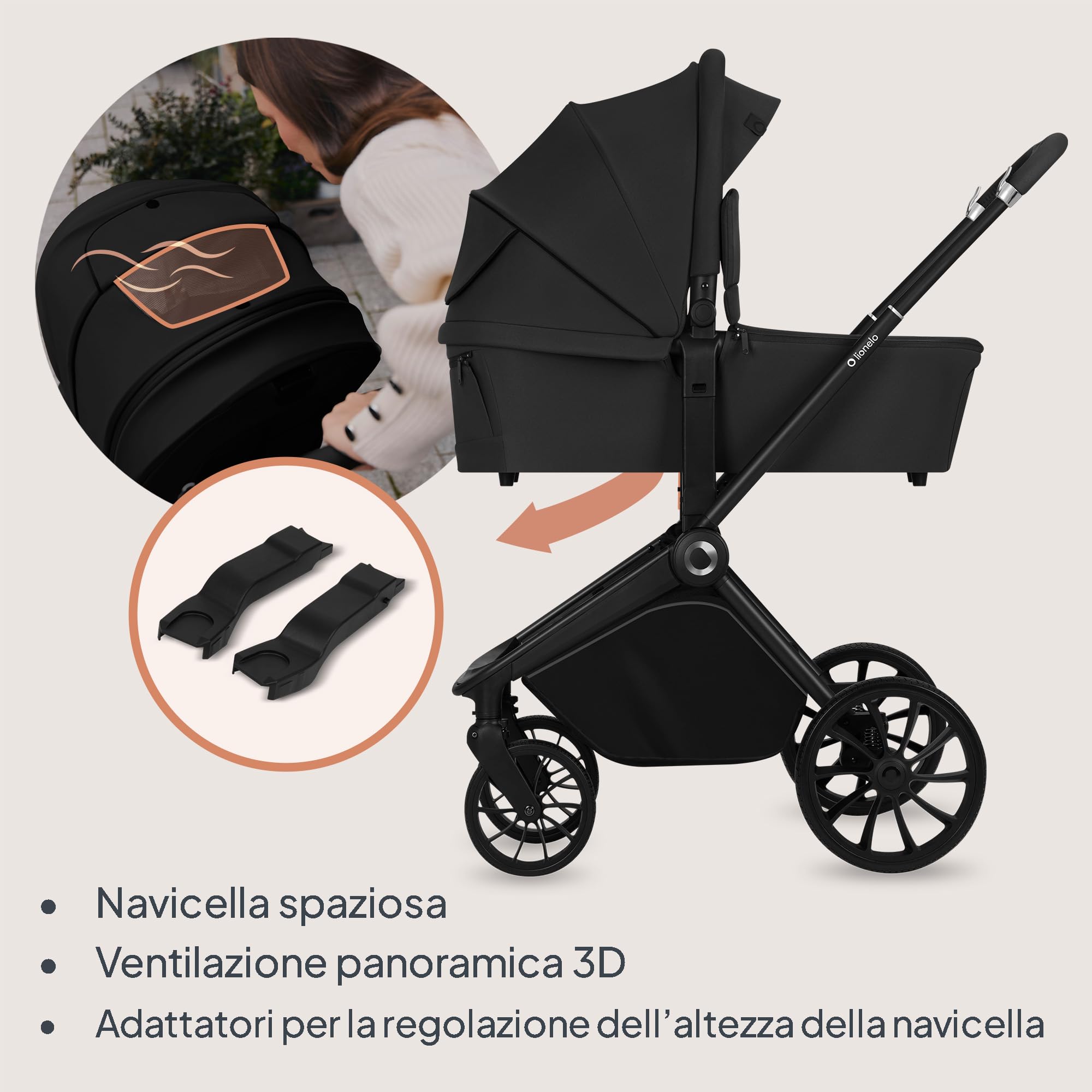 LIONELO Mika Plus Passeggino 2 in 1 con Navicella per Bambini 0-48 Mesi | Fino a 22 kg, Navicella fino a 9 kg, Schienale e Poggiapiedi Regolabili, AiryDots, Ruote PU 360° e Cappottina XXL