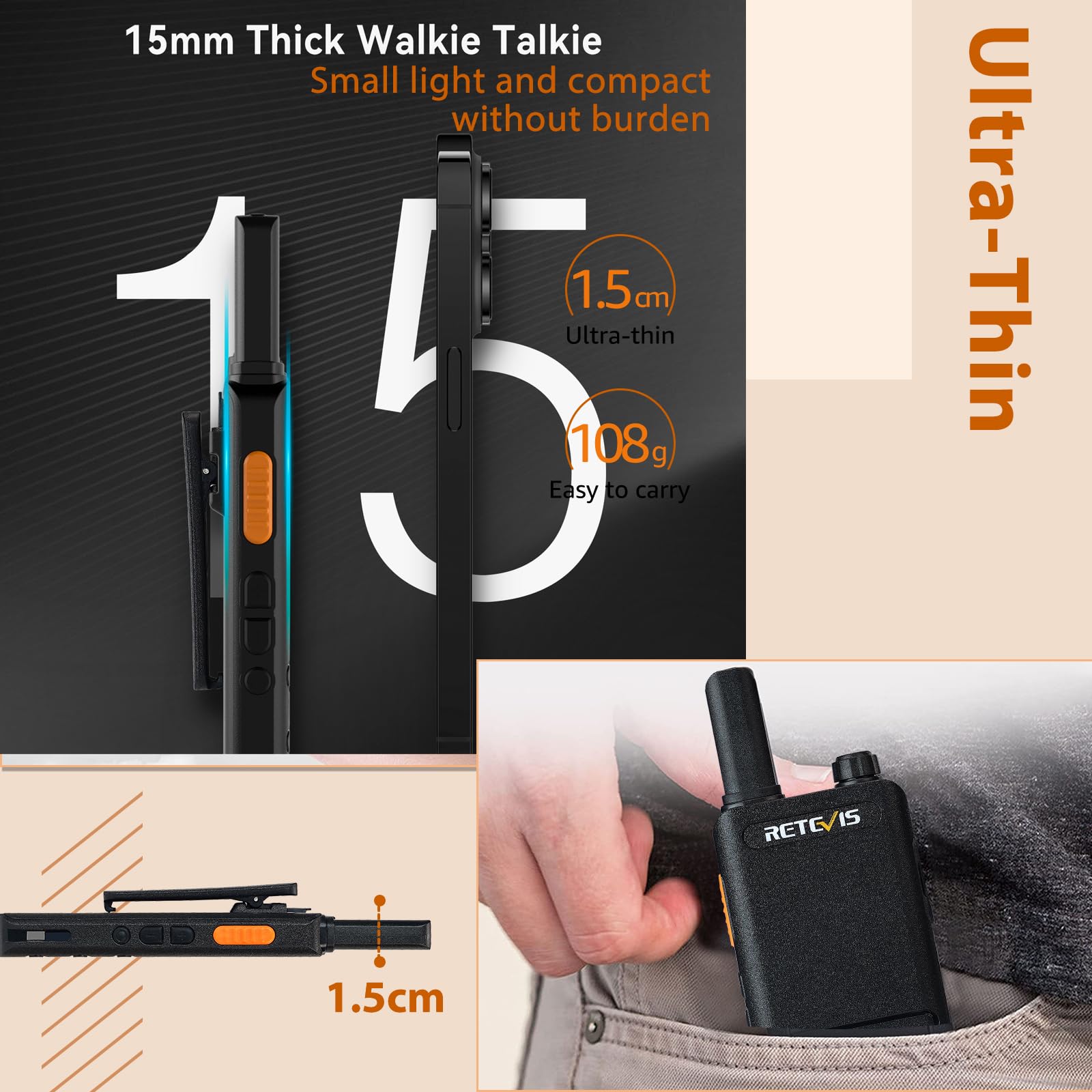 Retevis RT622P Walkie Talkie Leggero, PMR446 Radio Walkie Talkie Ricaricabile USB C, 1620mAh, VOX Radio Vivavoce Portatile a 2 Vie con Auricolare per la Famiglia, Vendita al Dettaglio (2 Pezzi, Nero)