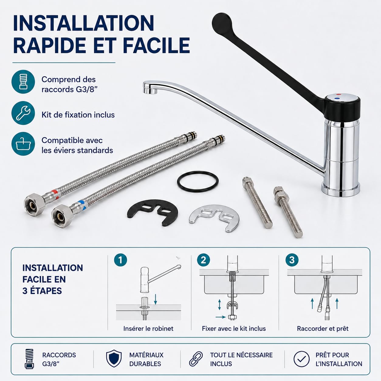GOLDMAN SERVICE | Robinet coudé gérontologique monocommande, levier long 30 cm, bec 360°, robinet sanitaire et hygiénique pour hôpitaux, cliniques, laboratoires et cuisine professionnelle