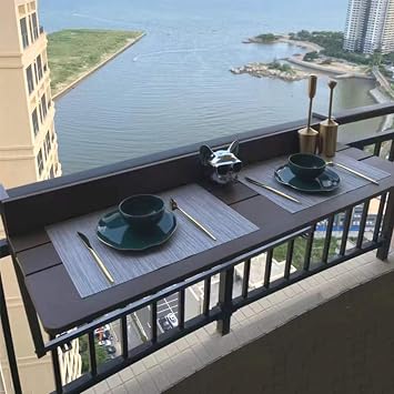 Balcony Folding Deck Table, Mountable Patio Railing Dining Table, Bar Counter, Adjustable Height, Hanging Table Laptop Desk, Brown, 60*27cm/24*10.6in