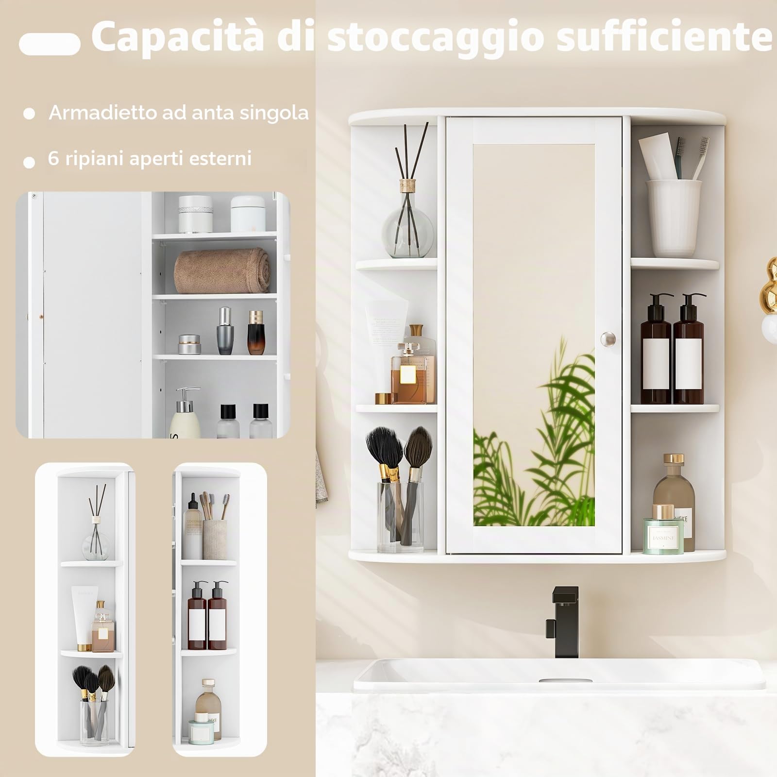 GIANTEX Armadietto Bagno a Parete, Mobiletto Pensile con Ante di Specchio, 6 Scomparti Laterali, 2 Colori Disponibili, 60x16,5x70 cm