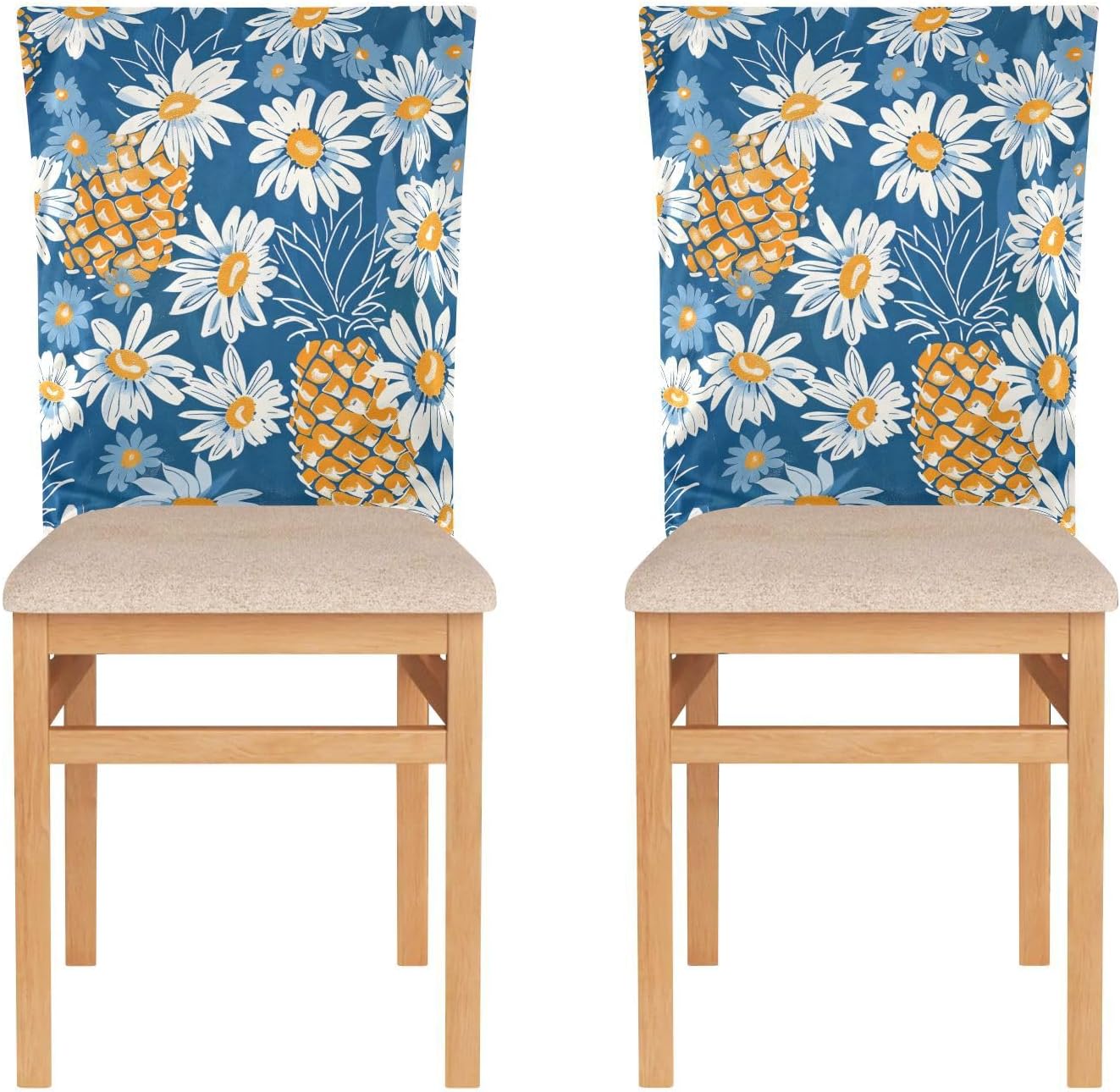 ALAZA Daisy Flowers Pineapples Blue Chair Back Cover Set of 6, Washable Reusable Removable Chair Slipcovers Decorative Chair Cover for Home Kitchen Wedding Party