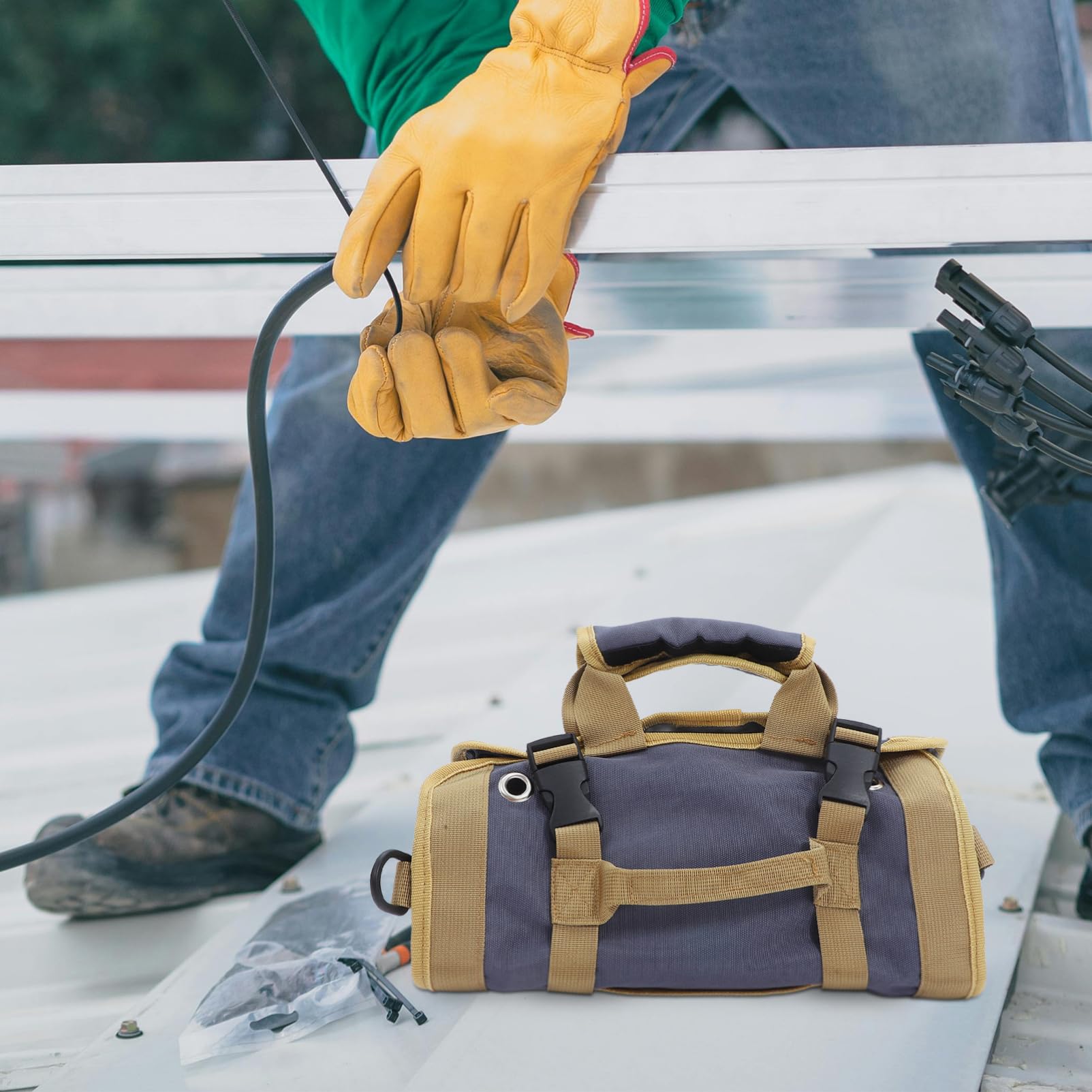 Borsa Porta Attrezzi Arrotolabile in Canvas, Organizer Portatile | Elettricisti e Lavoratori, Uso per Lavorazione del Legno e Auto, Design Multiuso Chiusura Arrotolata