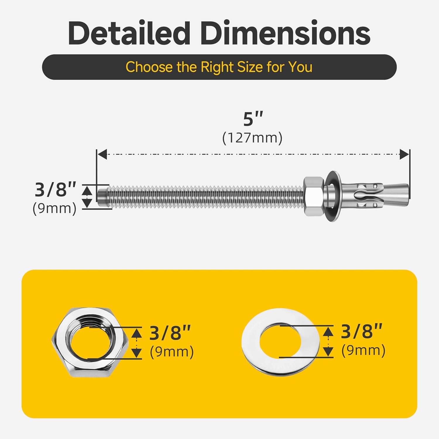 Mywish (50-Pack) 3/8" x 5" 304 Stainless Steel Wedge Anchors for Concrete and Cement, Plain Finish Heavy-Duty 3/8" Stainless Steel Masonry Anchors Bolts for Outdoor