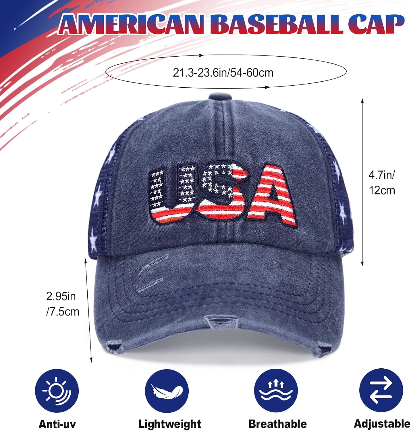 2 Pack American Flag Hat Baseball Cap, Embroidery Washed Patriotic USA 4th of July Hat for Men Women