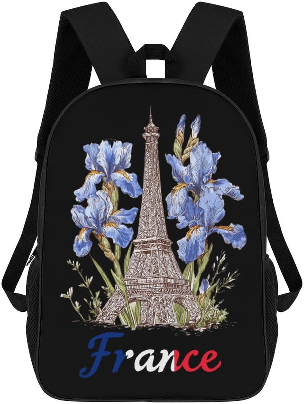 Eiffel Tower Iris Flowers France French Flag Unisex Backpack 17" Casual Daypacks Simple Shoulders Bag for Camping Hiking Travel Gear