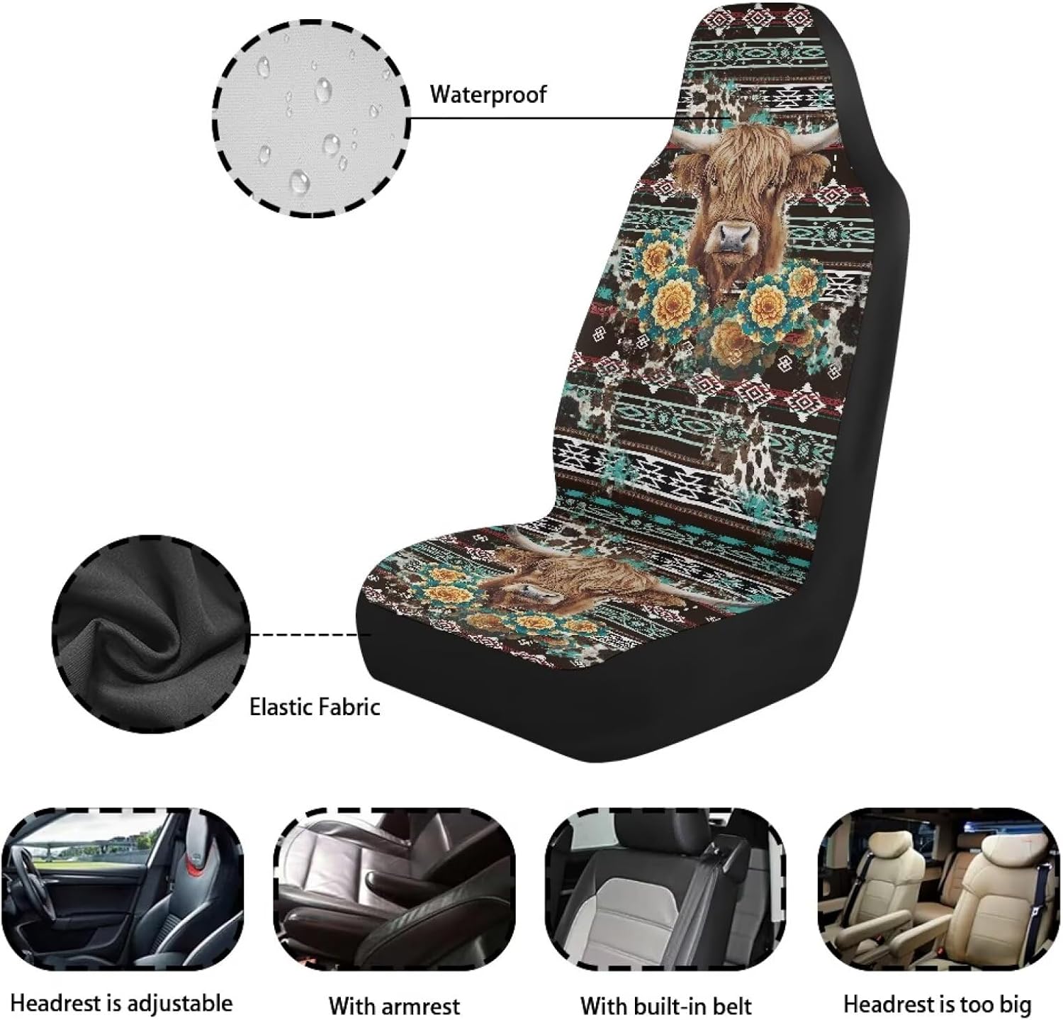 Ethnic Highland Cow Car Seat Covers Waterproof Front Seat Covers Automobile Front Seat Covers Easy to Install Car Interior Automotive Universal Fit Most Cars