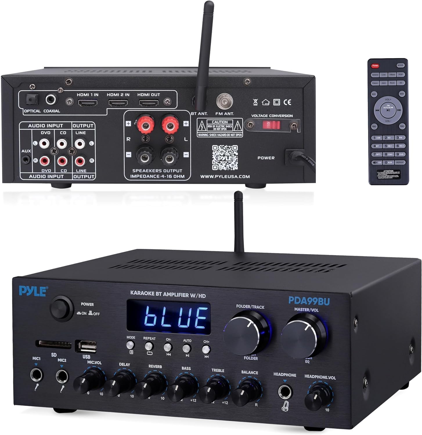 Pyle Dual Channel Bluetooth Hi-Fi Stereo Amplifier 300W, Mini Home Theatre Receiver Amp with MP3, USB, SD, AUX, RCA, MIC, FM, Reverb, Delay, Wireless Bluetooth Audio System Pyle Dual Channel Bluetooth Hi-Fi Stereo Amplifier 300W, Mini Home Theatre Receiver Amp with MP3, USB, SD, AUX, RCA, MIC, FM, Reverb, Delay, Wireless Bluetooth Audio System