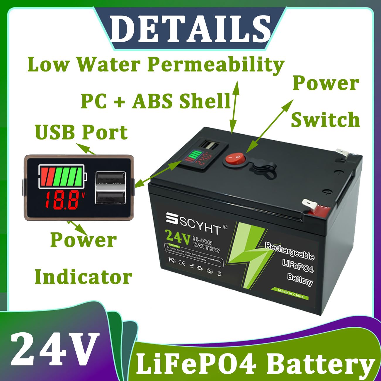 Batteria al litio 24 V 10 Ah 8 Ah Batteria LiFePO4 12 Ah Batterie agli ioni di litio 24 V Batterie di ricambio per alimentazione solare di backup con porta USB,24v12ah