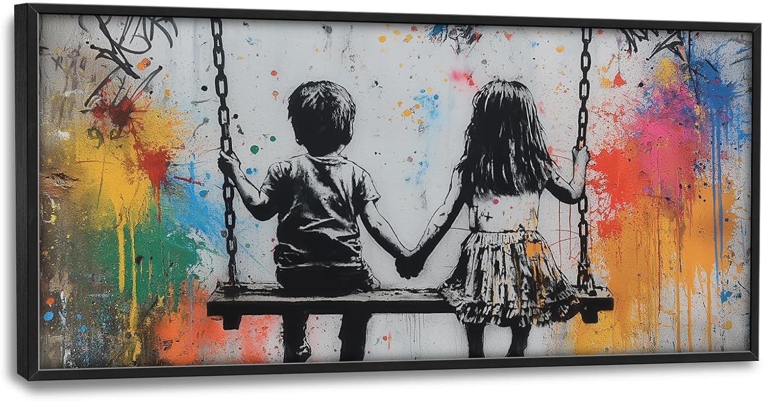 banksy large wall art for living room little boy and girl pictures street pop art graffiti canvas big wall decor painting artwork framed decorations for bedroom boys and girls room office 24\"x36\" banksy 