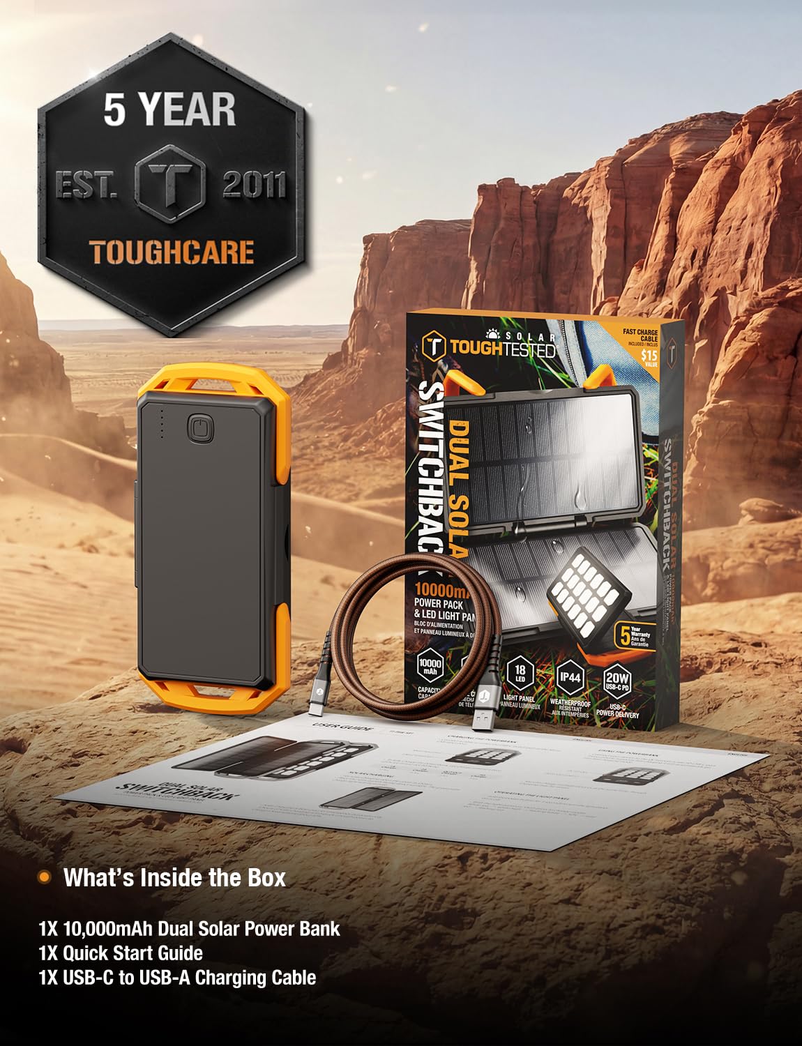 ToughTested Cargador portátil de energía solar dual de 10.000 mAh, batería externa IP65 impermeable y linterna LED de 18