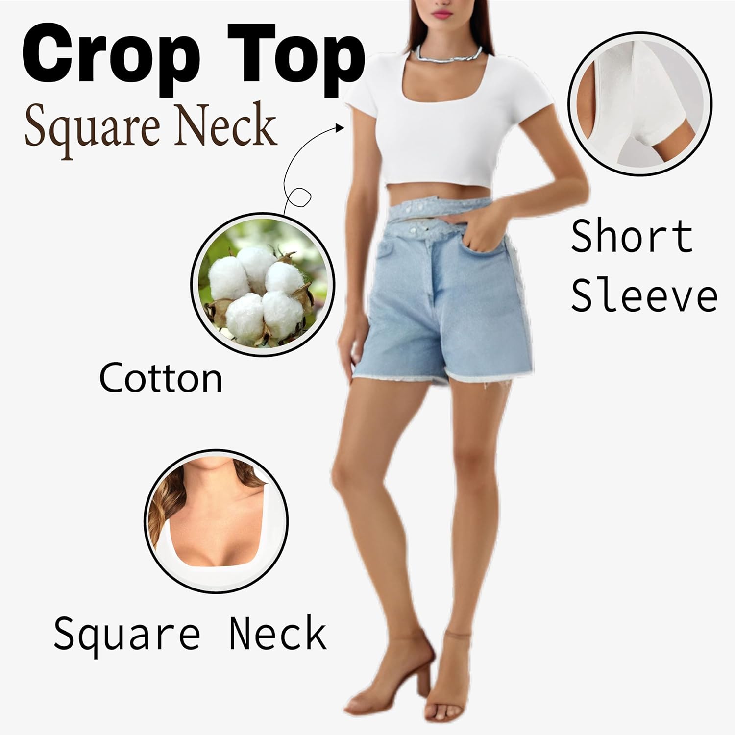 1 & 9 Crop Tops for Women Short Sleeve Square Neck Sexy Going Out Tops Cute Shirts Basic Tees for Women's Summer Y2k Fashion - Image 5