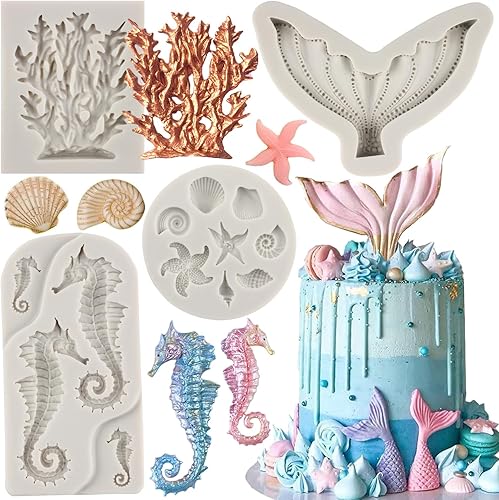 Miniatura 10 de Moldes de fondant con temática marina, tortuga marina, concha, algas marinas, coral, moldes de silicona para decoración de pasteles, decoración de