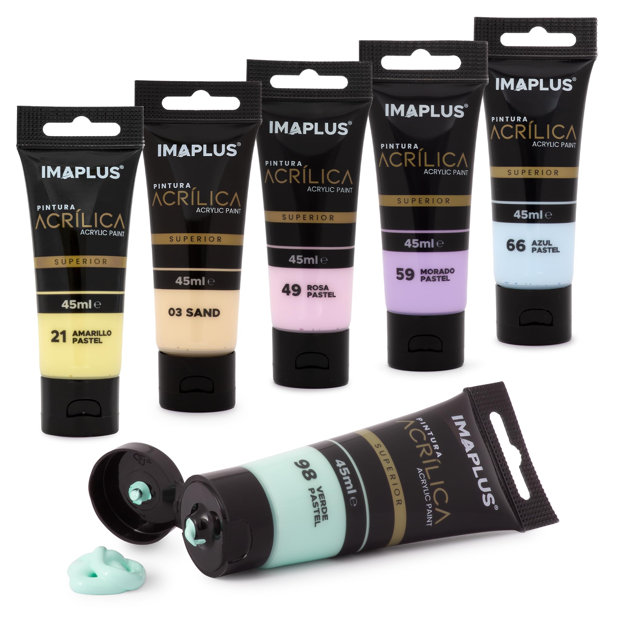 IMAPLUS Pintura Acrílica 6 x 45 ml - Pack pinturas, 45 Colores, 6 Tubos o botes de Pintura, No Tóxica, para Manualidades, Lienzos, Tela, Madera - Pack Pastel