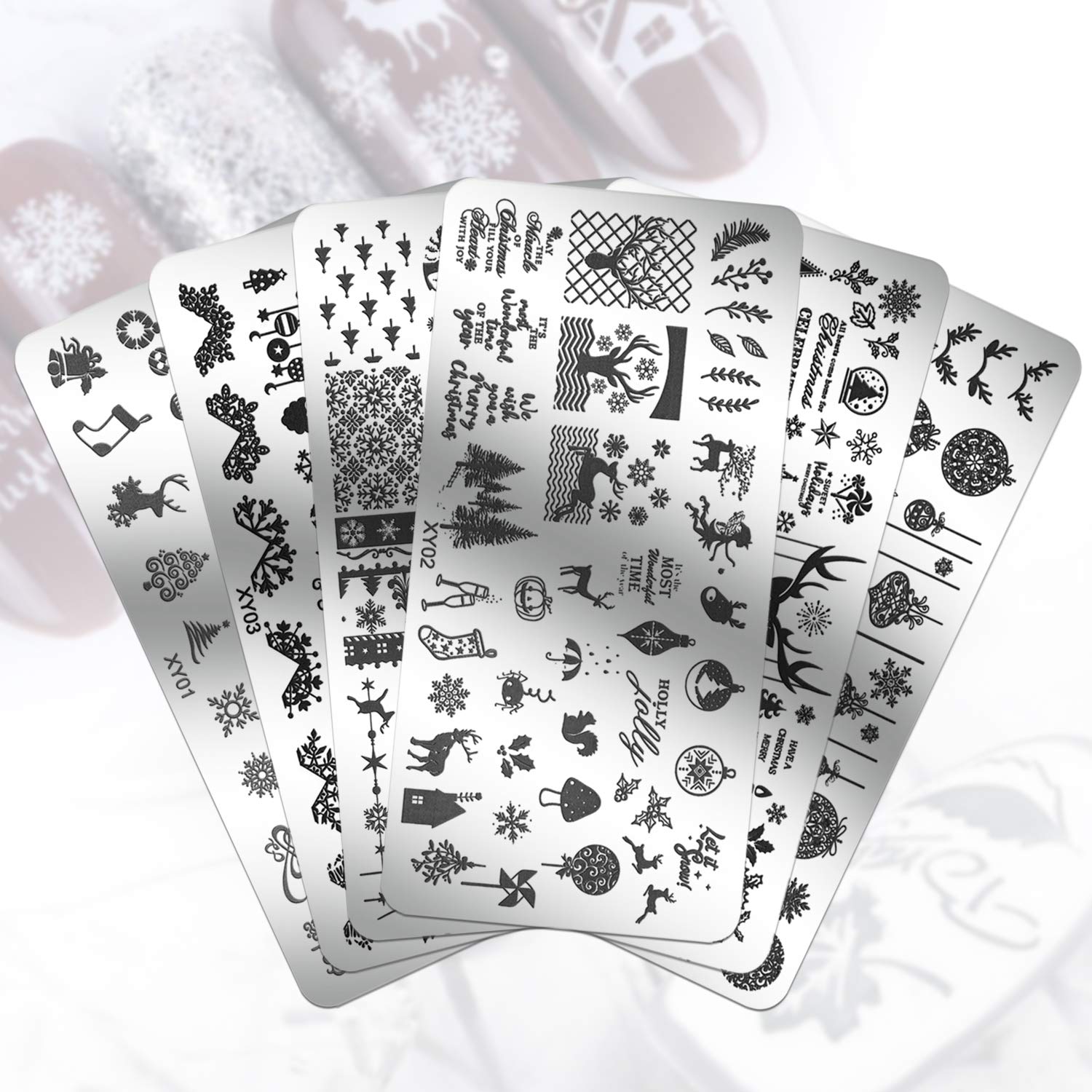 6 Pcs Christmas Nail Stamping Plate, MWoot Natale Fiocco di neve dei cervi dell'albero Nail Art Unghie Timbro Nail Art Stamp Plates Chiodo quadrato rotondo