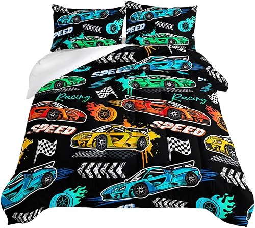 HOSIMA Juego de edredón infantil de 3 piezas con 2 fundas de almohada, ropa de cama de automóvil de carreras para niños y niñas, edredón de juegos