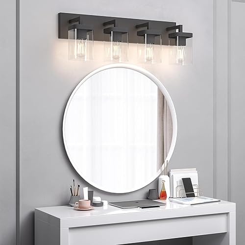 Miniatura 8 de Morden - Lámpara de tocador de baño, diseño cuadrado, 4 luces, accesorios de iluminación de baño sobre el espejo, accesorios de tocador de baño