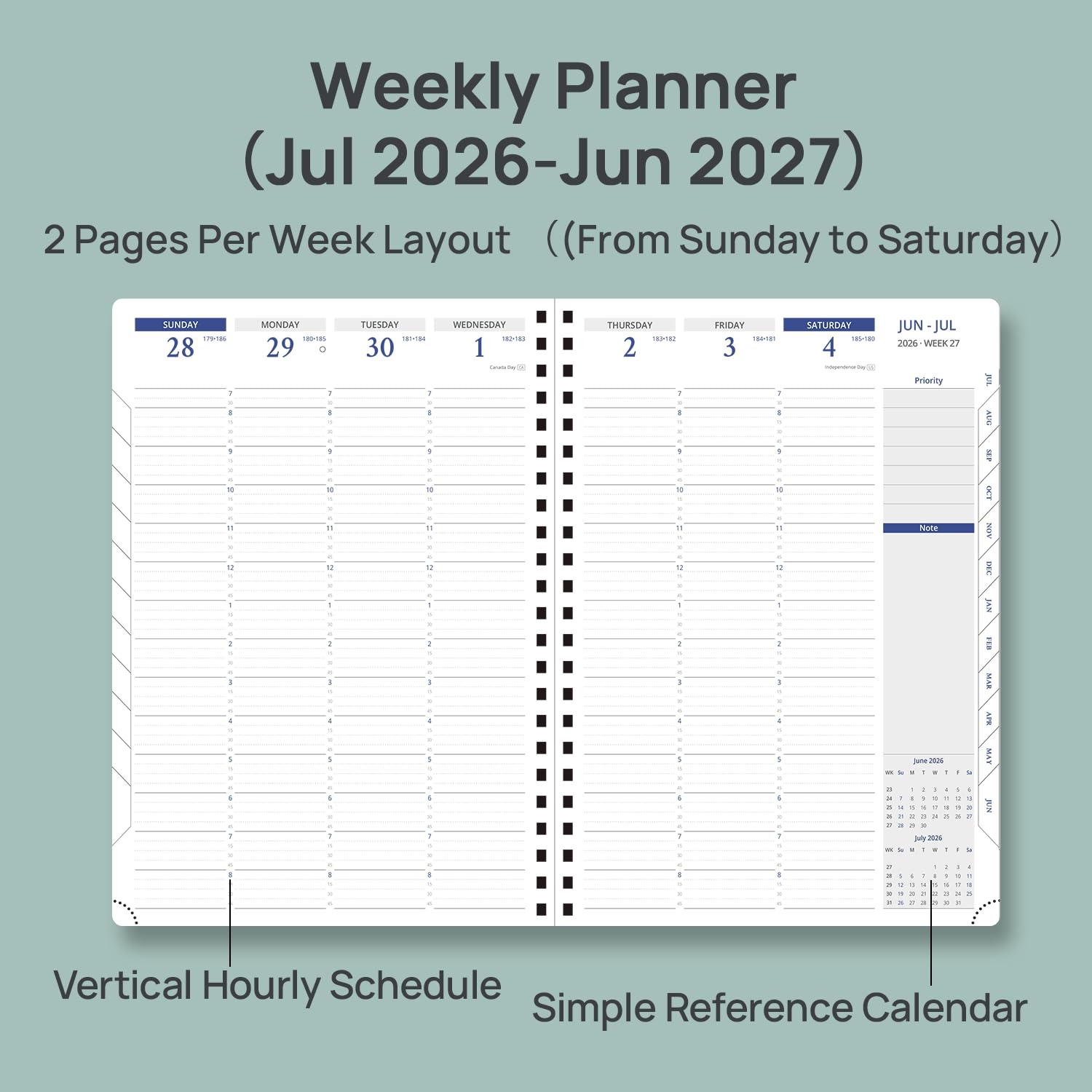 POPRUN Agenda settimanale accademica 2026-2027, di grandi dimensioni, 21 x 29,8 cm, da luglio 2026 a giugno 2027, calendario rilegato a spirale con layout verticale, fessure orarie, copertina morbida