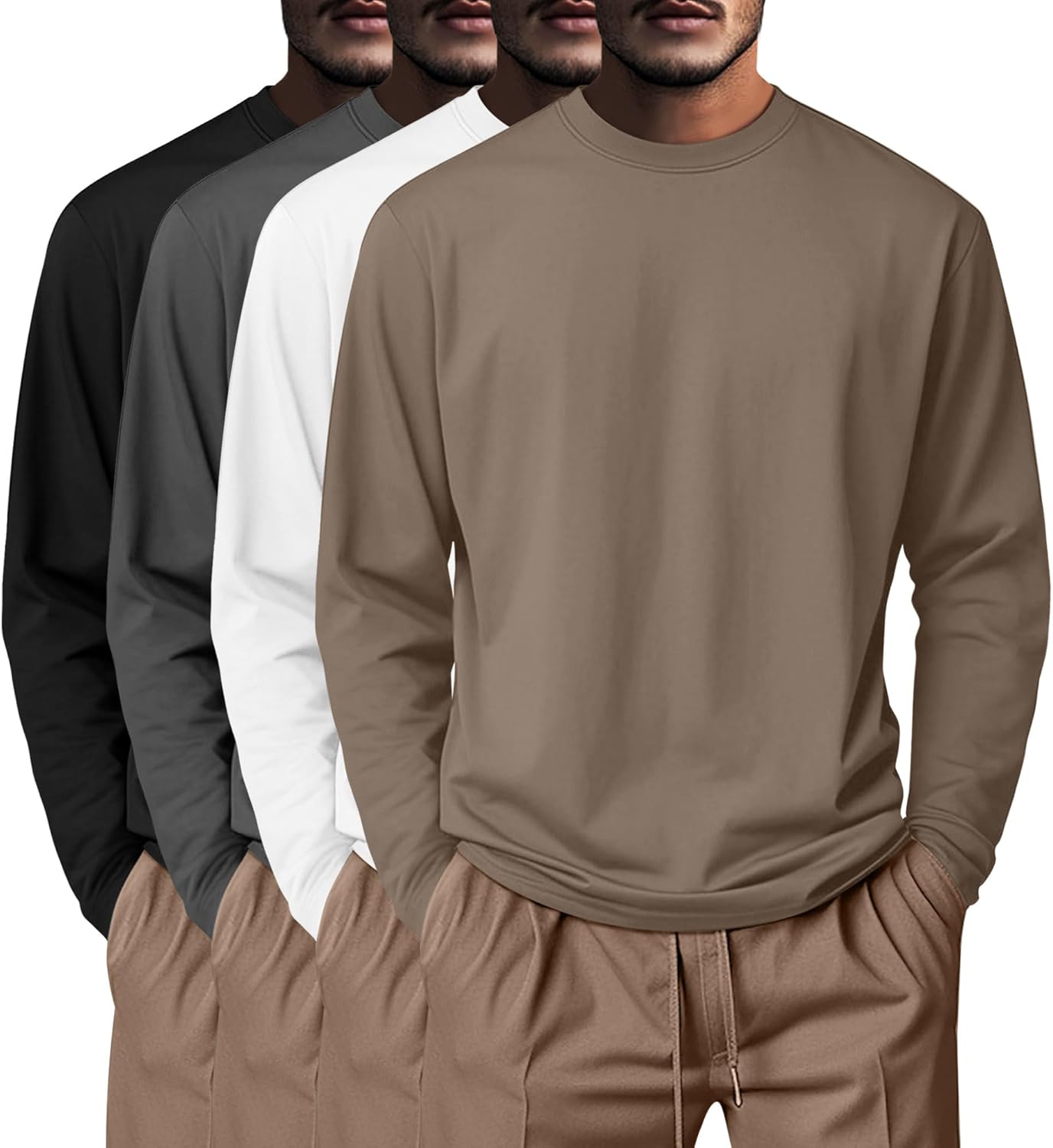 Neer 4 Pack Mens Big and Tall Shirts, 95% Cotton Long Sleeve Crewneck Casual Tops Plus Size Basic Tee Shirts Multipack