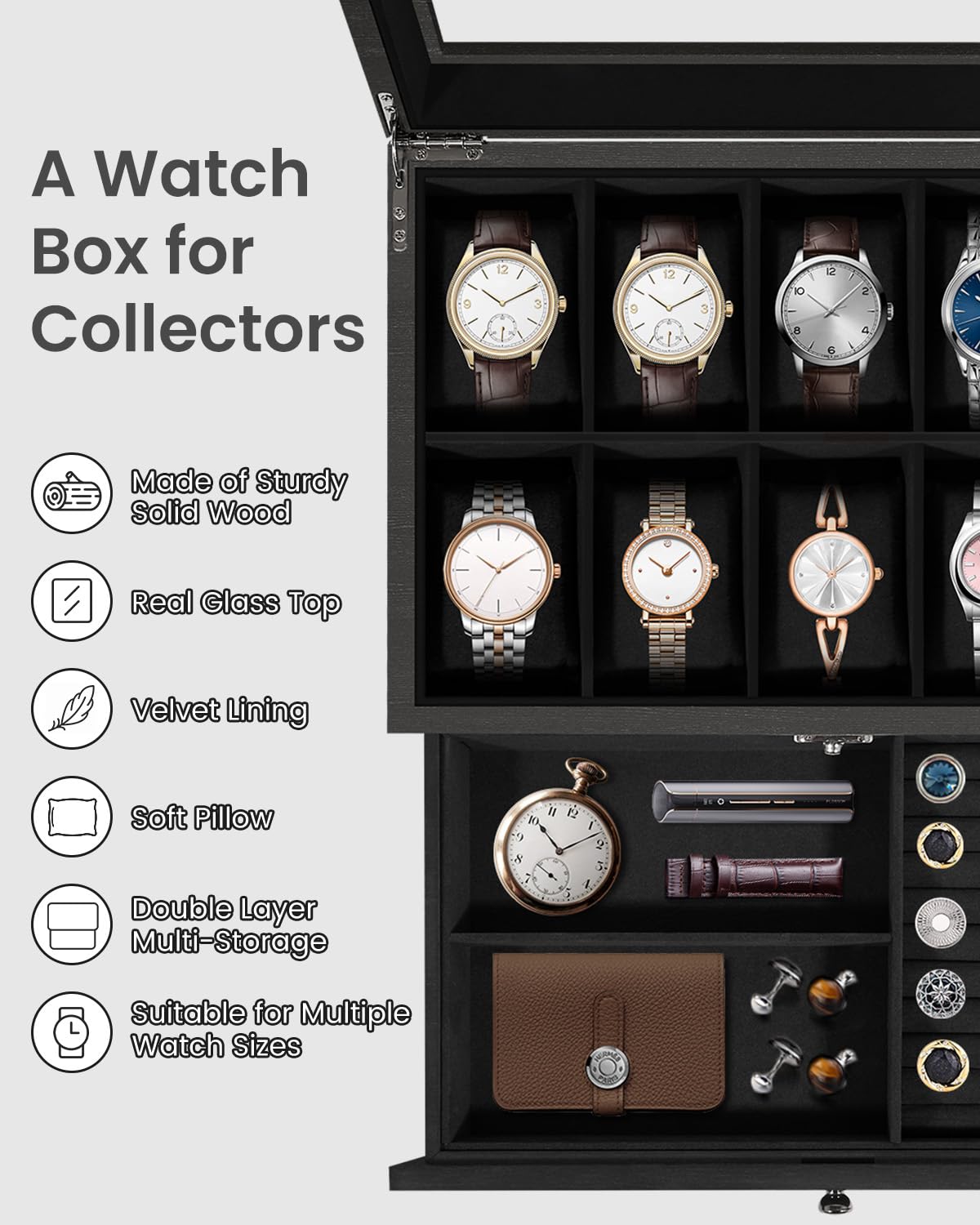 Uten Boîte à Montres 10 Compartiments, 2 Niveaux Coffret à Montres en Bois, Couvercle en Verre, Coffret de Rangement pour Montres, Coussinets Coton de Soie, Doublure Noire, Idée Cadeau