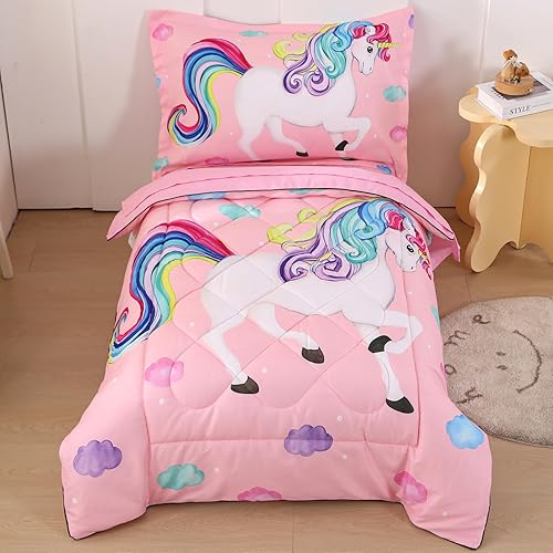 Wowelife Juegos de ropa de cama de unicornio para niñas pequeñas, color rosa, 4 piezas, con estampado de arcoíris para niñas (unicornio rosa)