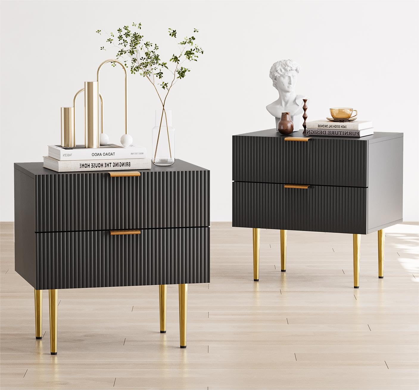 Algherohein Black Nightstand for Bedroom, Fluted Night Stand Set of 2, Mid Century Modern Bedside Table with Gold Metal Legs