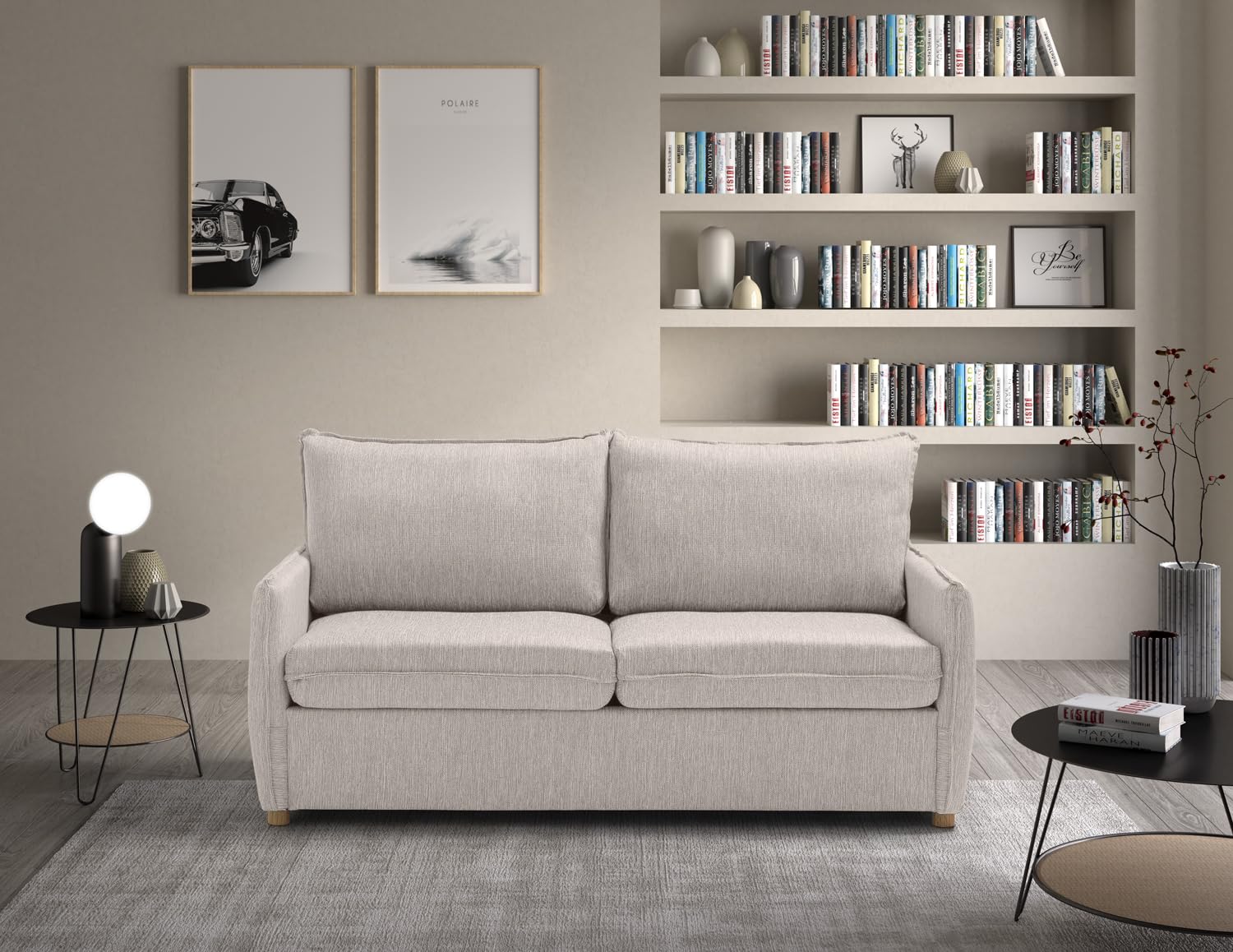 EVERGREENWEB - Divano Letto a 2 Posti con Materasso Memory 140x190, Sofà Soggiorno con Piedi in Legno Design Moderno, Struttura Rinforzata Pieghevole, Tessuto Beige Antimacchia, Cuscini Estraibili