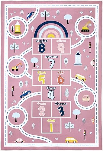 Miniatura 6 de Hopscotch - Alfombra de coche de 4 x 6 pies, alfombra de juegos para niños, alfombra rosa para dormitorio, sala de juegos, alfombra antideslizante