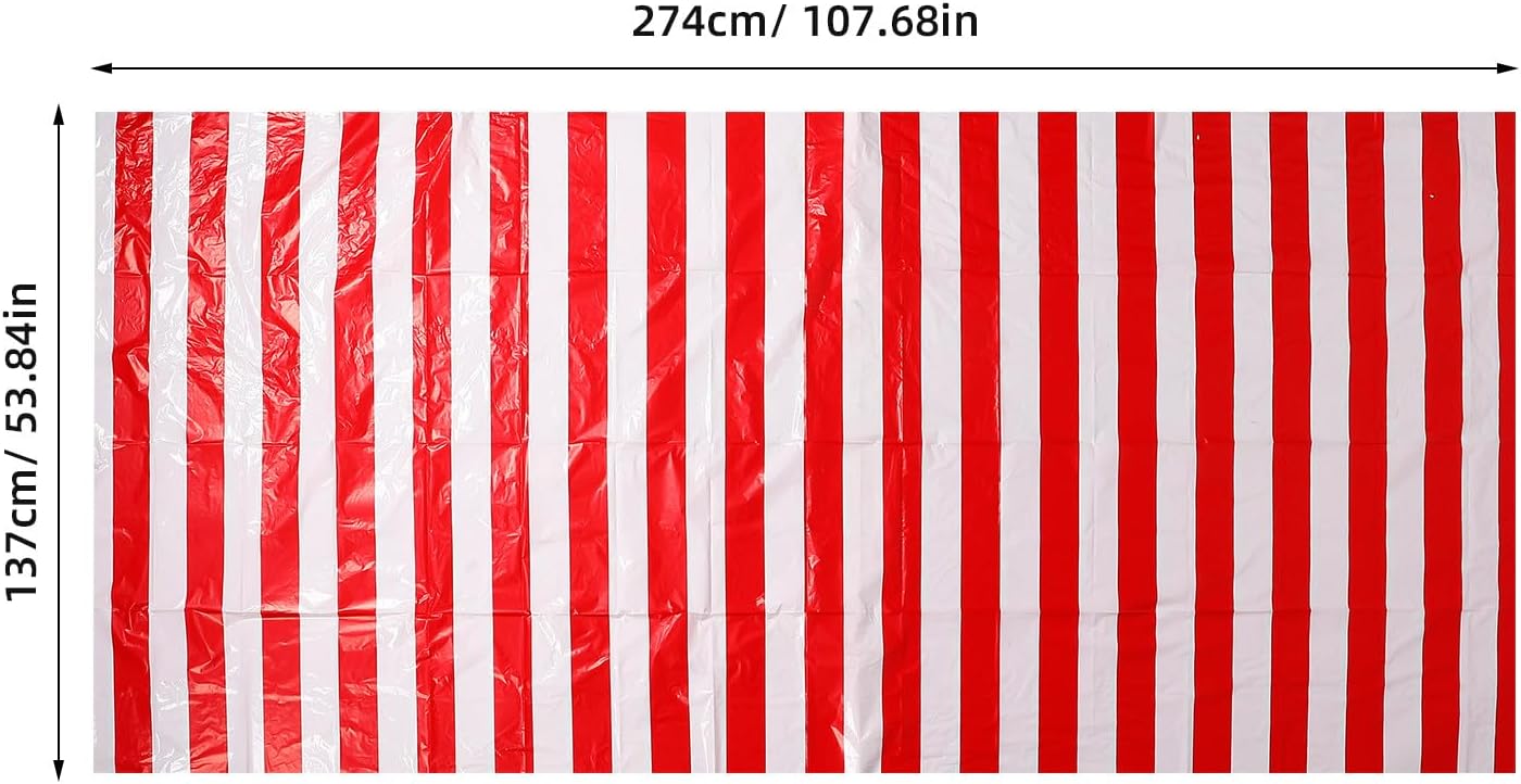 Red and White Striped Circus Theme Tablecloth 137x274cm, Decorative Party Table Cover for Carnival and Birthday Celebrations, Plastic Reusable Rectangle Tablecloth for Event