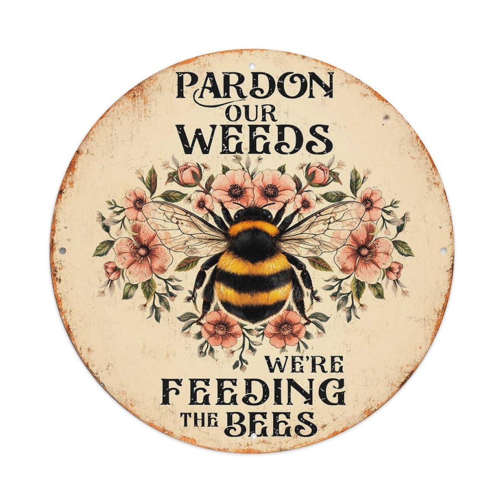 Bee Floral Vintage Sign Art Retro Metal Sign Round Tin Sign, Vintage Decor Art Poster for Bar, Home, Man Cave, Kitchen, Laundry Room Gift 8x8Inch