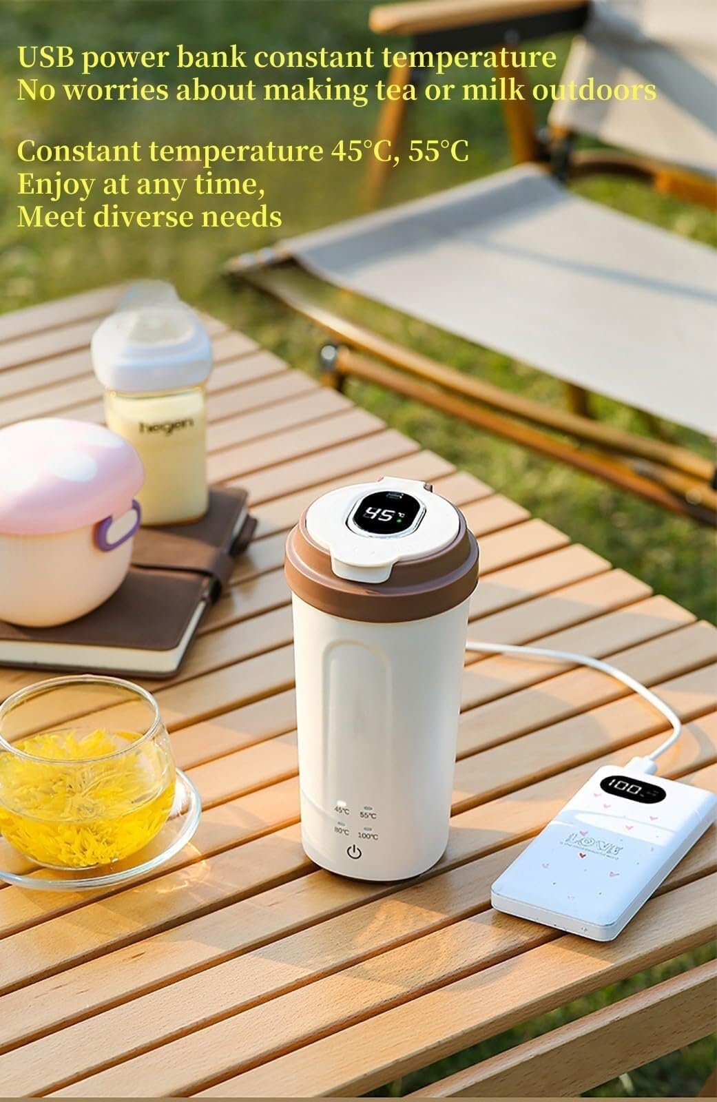 Hervidor eléctrico de viaje mini, hervidor de agua recargable de 500 ml, alimentado por USB con 4 controles de temperatura, termo para leche artificial, té y café