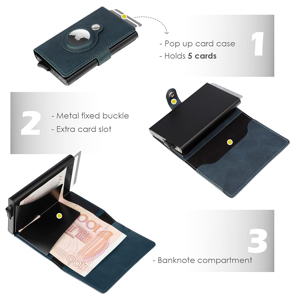 Porte-Cartes AirTag Pour Homme - Cuir | Blocage RFID | Mécanisme Pop-Up | 6 Cartes | Compatible Apple AirTag