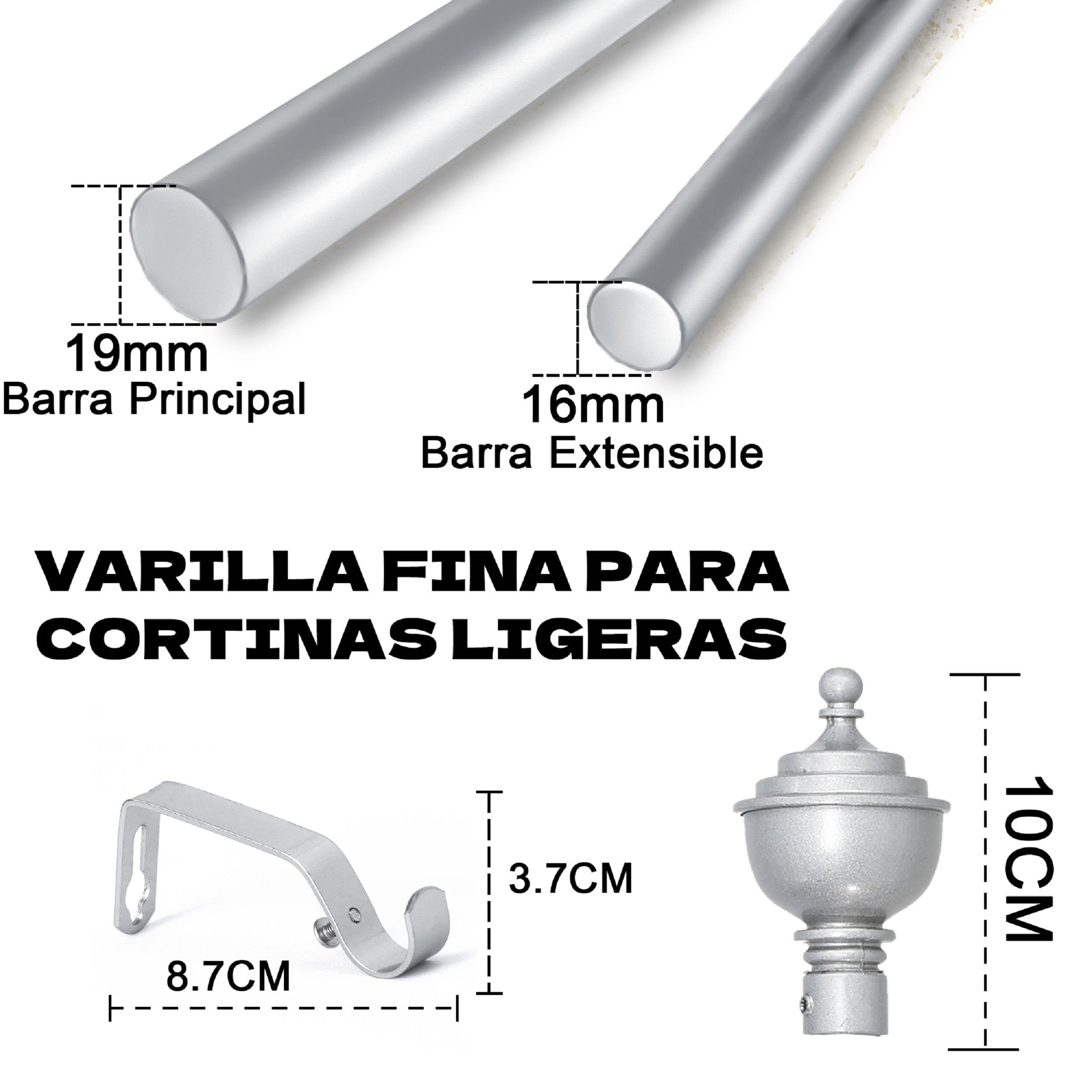 HOMEYA - Barra Cortina Extensible 120-210CM - Barra Metal para Cortinas con Remate Moderno - Palo 19m para Cortinas Ligeras