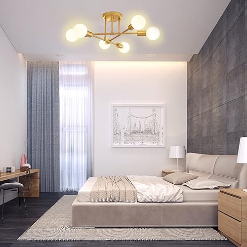 Surpars House Lámpara de techo moderna, lámpara Sputnik de 6 luces para dormitorio, comedor, sala de estar (dorado)