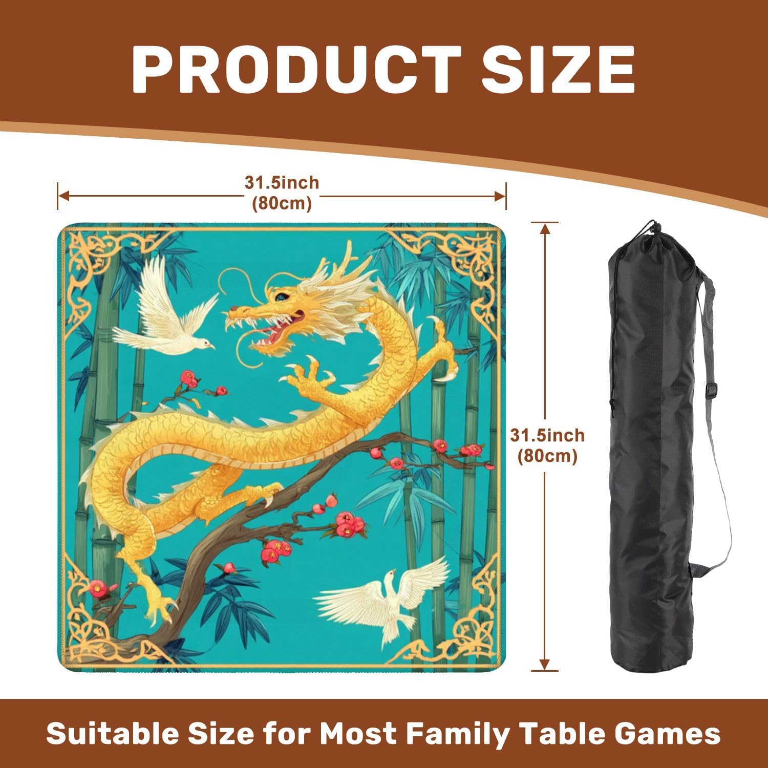 Mahjong Mat 31.5" x 31.5" Golden Dragon Bamboo Blossom Trees Birds Vibrant Colors Non-Slip Noise Reduction Mahjong Tiles Table Cover for Dominoes Poker Card Board and Tile Games