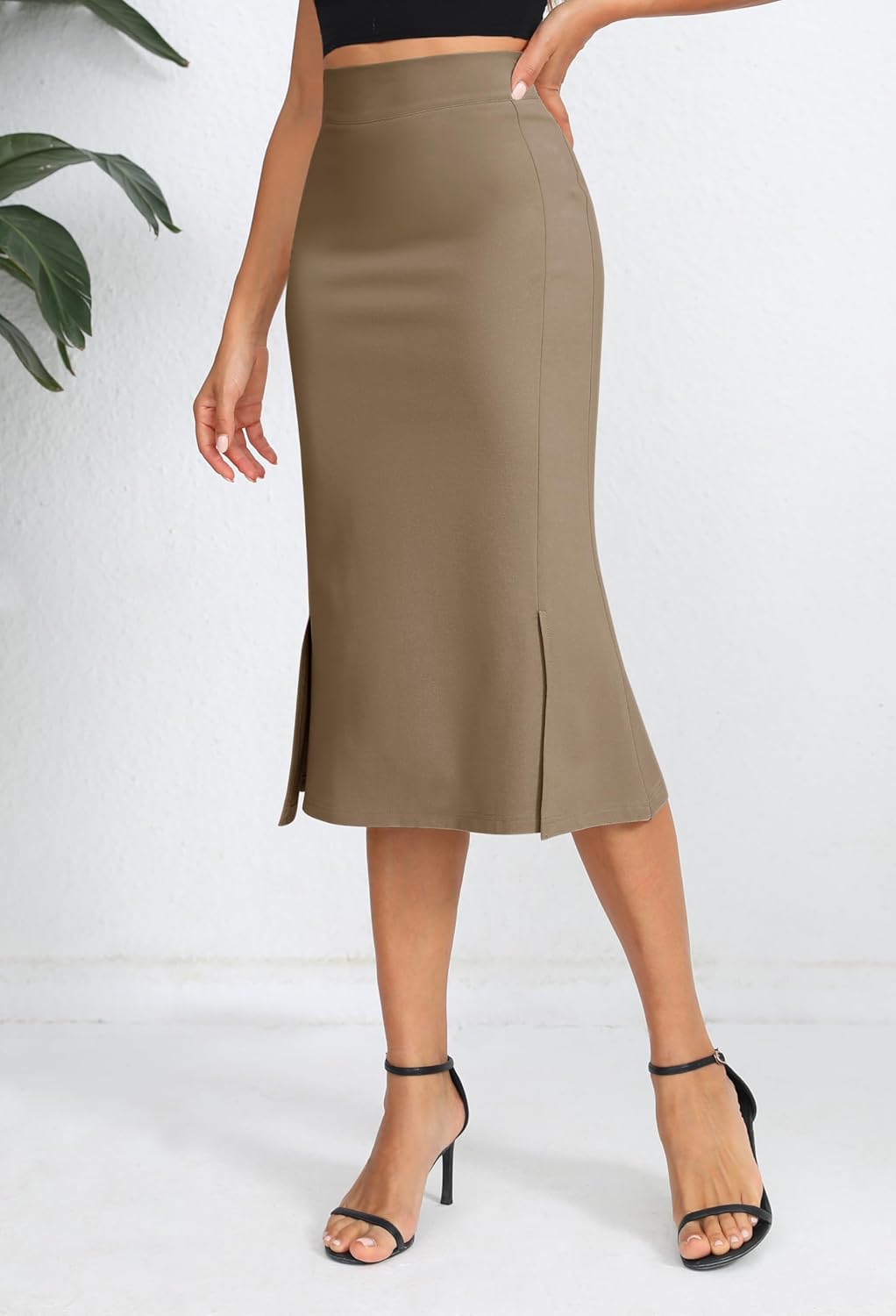 Urban CoCo Women's Stretch Office Fishtail Pencil Skirt High Waist Bodycon Midi Skirt with Slit - Image 3