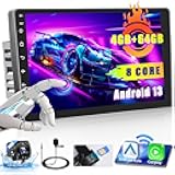 [Support SIM Card] 8 Core 4+64G Double Din Android 13 Car Stereo with Wireless Carplay Android Auto, 9 Inch Touch Screen Radio Bluetooth WiFi GPS FM Radio Mirror Link MIC AHD Backup Camera